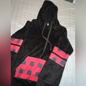 Small Black and Plaid hoodie. Fuzzy